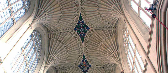 The choir at the Church of St Peter and St Paul, Bath, dating from the early sixteenth century, with its magnificent fan vaulting, a British architectural tradition. Note how light the structure is - there are hardly any walls, allowing for plenty of light inside the building. 